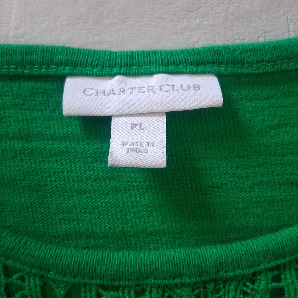 Charter Club Top Long Sleeve Green Round Neck Embroidered Petite Large - Picture 3 of 15